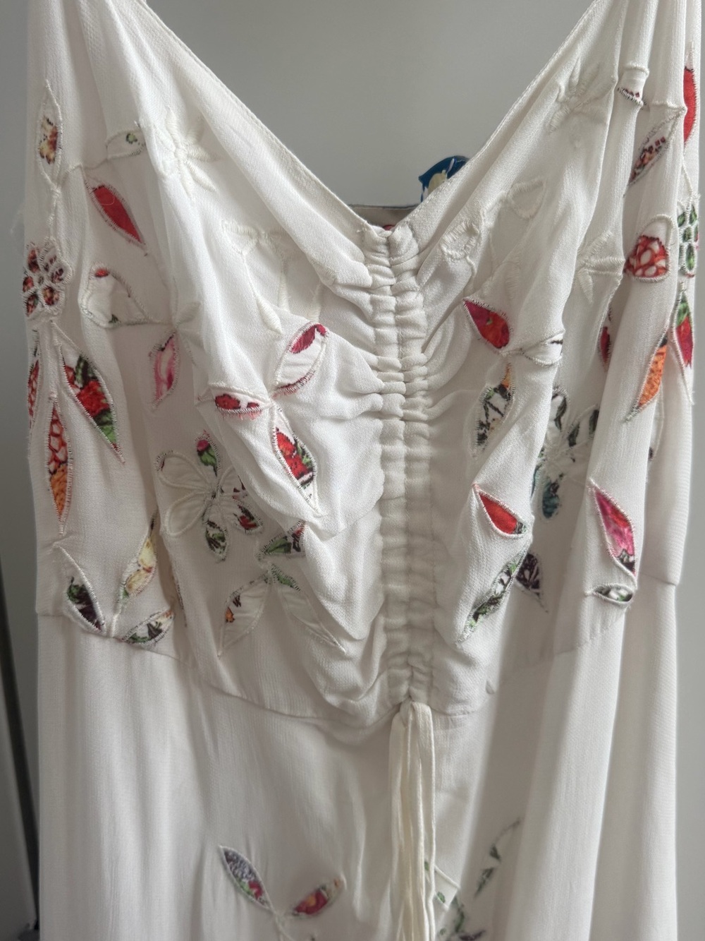 FARM Rio Cream Maxi Dress with Pink & Green Floral Appliqué with ruffle sleeves - Picture 7 of 10